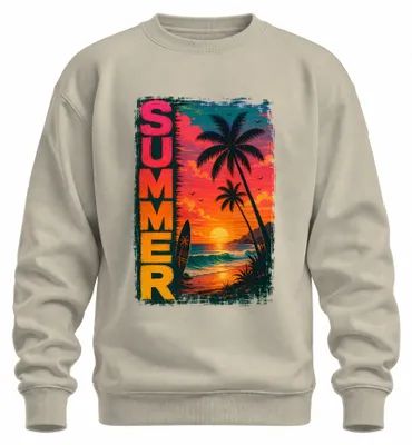 Immagine prodotto di Felpa vintage a maniche lunghe, con stampa "Tramonto estivo, spiaggia, palme, tavola da surf", stile naturale, taglia XL