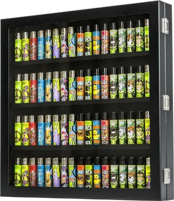 A display case filled with many colorful lighters.