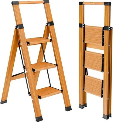 Image de Escalier de ménage 3 marches escabeau aluminium pliable - escabeau antidérapant - avec rampe - portable - jusqu'à 150 kg - design moderne en bois