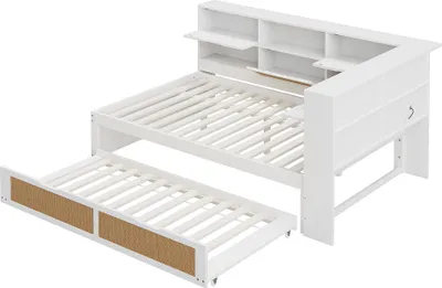 Produktbild von okwish Schlafsofa 140×200 cm,Kinderbett Jugendbett mit Ausziehbett Multifunktionales Doppelbett mit vielen Staufächern und Ladeanschluss ,Ohne Matratze,Weiß