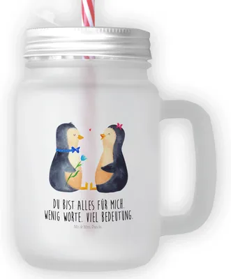Produktbild von Mr. & Mrs. Panda Glas Pinguin Pärchen - Transparent - Geschenk, Hochzeitsgeschenk, Hochzeitstag, Mit Schraubdeckel, Cocktailglas, Verlobung, deckel, Hochzeit, Mason Jar