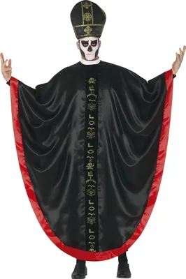 Produktbild von Halloween Kardinal Kostüm Mit Roter Verzierung Mystischer Priester Gothic Tunika Dunkler Pater Ritualgewand für Gruselige Nächte, Größe: 52 - 54 (L) Farbe: Schwarz