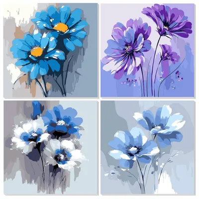 Image de Kit de peinture par numéros pour enfants, 4 pièces avec cadre, kit de loisirs créatifs sur le thème des fleurs, dimensions 20x20 cm