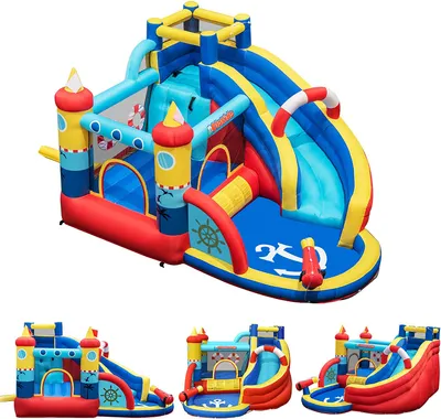 Produktbild von GOPLUS Aufblasbare Hüpfburg mit Rutsche, Pool, Trampolin, Kletterbereich, Wasserpistolen, Tragetasche, Kinder Hüpfburg mit Schutznetz