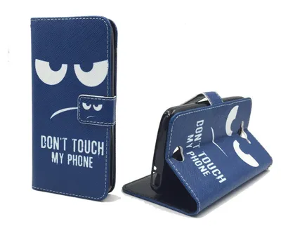 A blue phone case with a cartoon face and text is shown from two angles against a white background.