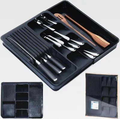 Produktbild von Schubladeneinsatz Besteckeinsatz Organizer Besteckkasten ausziehbar schwarz 40x31 cm