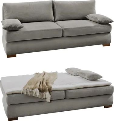 Produktbild von Dauer-Schlafsofa Federkern Couch mit Topper und Bettkasten in Feincord Hellgrau / 15152