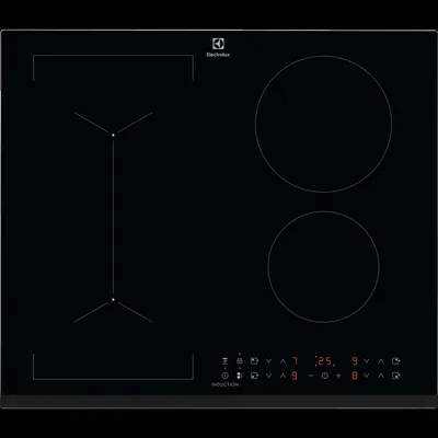 A top-down view of a black induction cooktop with two circular heating zones and one rectangular zone.