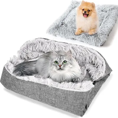 Produktbild von Weiches Katzenbett - 2-in-1 Plüsch - geeignet für Katzen und kleine Hunde - 1 Stück - grau - 60 x 52 cm