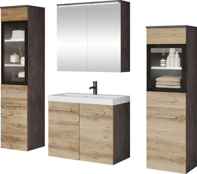 Produktbild von MIRJAN24 Badmöbel-Set Madrit II, Badezimmer-Set mit Spiegel und Waschbecken (Farbe: Matera / Kastanien Breslau, mit Siphon, mit weißer LED Beleuchtung)