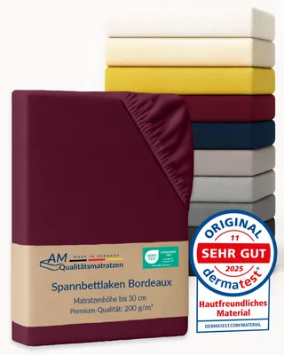 Produktbild von AM Qualitätsmatratzen | Premium Spannbettlaken 200x210 cm | Baumwolle (200gsm) in Bordeaux |  Germany |  es Bettlaken | Jersey Spannbetttuch | Fitted Sheets | Baumwolle |200 x 210 cm