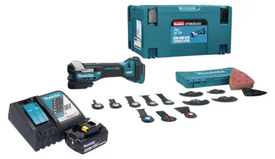 Image de Makita DTM 52 T1JX2 Outil multifonctions sans fil 18 V Starlock Max Brushless + 1x batterie 5,0 Ah + chargeur + 43 pcs. d'accessoires + Makpac