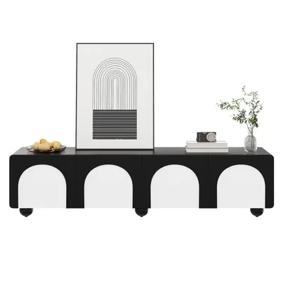 Produktbild von TV-Schrank mit zwei Schubladen und zwei Türen, TV-Möbel, TV-Paneel, niedriger TV-Schrank. Klassisches Schwarz-Weiß-Design. 180 x 38 x 45 cm