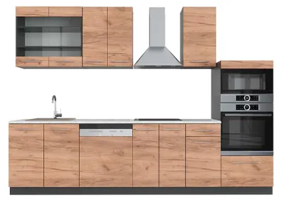 Immagine prodotto di Cucina componibile Vicco Fame-Line Rovere dorato/antracite 300 cm con armadio alto, PL Marmo, Model 42170