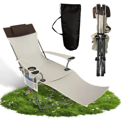 Produktbild von CEEDIR Campingstuhl klappbar mit Fußstütze, Getränkehalter, ultraleichter Angelstuhl mit Lehne und Tasche, belastbar bis 150 kg, Faltstuhl aus Oxford Gewebe, Beige
