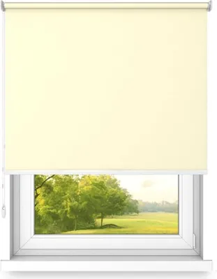 A cream-colored roller blind partially covering a window with a view of a green landscape.