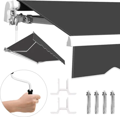 Obrázek produktu pro Hengda kloubová markýza PA s UV ochranou a ruční klikou Markýza Sluneční clona Hliník + polyester pro terasu/střechu Šedá 300 x 250 cm