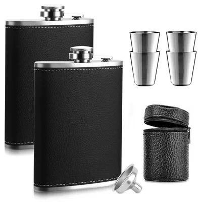 Edelstahl-Flachmann-Set, 2x227 ml, mit Trichter & 4 Bechern, schwarz