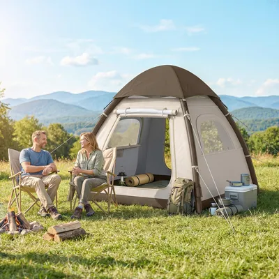 Produktbild von Aufblasbares Zelt 3 Personen, Luftzelt Schnellaufbau, Campingzelt Oxfordstoff TPU, Cremeweiß | 220x220x200 cm | 4,7 kg | mit Luftpumpe