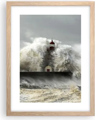 Produktbild von Gerahmtes Poster - Rahmen in heller Eiche - Leuchtturm Ozean Sturm - 30x40 cm - Wand Bild - Wanddeko - Wandbilder - Wandposter - Bilderrahmen - Bilder - Kunstdruck - Wandbild - P2NPA30x40-2442