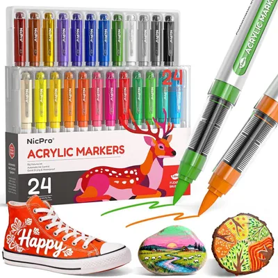 Produktbild von Acrylstifte mit Pinselspitze, 24 Farben, wasserbasiert, wasserfest, für Stein, Holz, Glas, Keramik, Textil