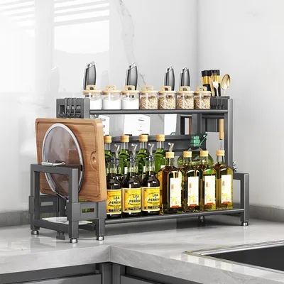 Produktbild von Gewürzregal, Küchenregal, Arbeitsplatten-Organizer, für Schneidebrettablage und Messerhalter, 2 Etagen, mit 6 Haken, ohne Bohren