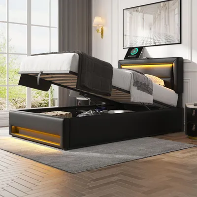 Image de MODFU Lit coffre 90x190 cm avec Rangement et Éclairage LED - Lit CapitonnéPolyuréthane1 Place avec Sommier Relevable et Ports USB - Noir