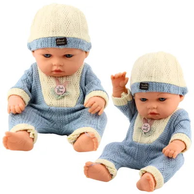 Produktbild von Babypuppe im blauen Strickoutfit mit Mütze