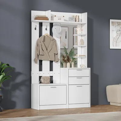 Produktbild von okwish Garderobenset mit Schuhschrank und Schubladen, Flurschrank mit Spiegel und offenen Fächern, Aufbewahrungsschrank mit Haken,Weiß