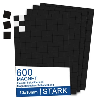 Produktbild von 600 selbstklebende Magnete, 10 x 10 mm, flache Klebemagnete, selbstklebende Magnete für Schule, Büro, Whiteboard, Kühlschrank, Fotos, Poster (für kleine, leichte Gegenstände)