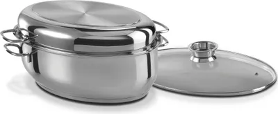 Produktbild von GSW Ovaler Edelstahl-Bräter 38cm 3 in 1, Edelstahl rostfrei 18/8, Glas, Ovaler Edelstahl-Bräter mit Aroma-Glasdeckel ø ca. 38 x 25 x H 19,5cm / Edelstahldeckel ø ca. 38 x 25 x H 5,9cm