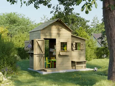 Produktbild von Prestige Garden Butterfly Spielhaus, Kiefer Holz, Kesseldruckimprägniert, Mit Anbau, Verkaufsfenster, Sitzbank, Blumenkästen Und Briefkasten, Stabiles Garten Spielhaus Für Kinder