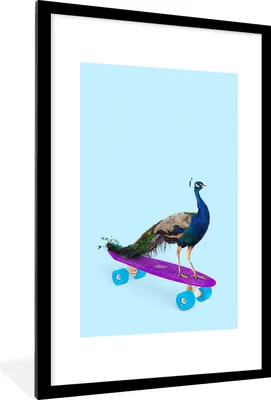 Produktbild von MuchoWow® Gerahmtes Poster Pfau - Blau - Skateboard - Tiere - Lustig 60x90 cm - Poster mit Schwarzem Bilderrahmen Wandposter Rahmen Foto Bilder - Dekoration - Wandposter Wohnzimmer - Hochwertig