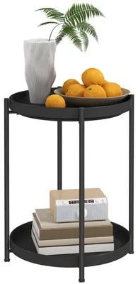 Productafbeelding van Ronde bijzettafel met plank, salontafel met 2 niveaus voor woonkamer, slaapkamer, kleine ruimtes, metaal, zwart