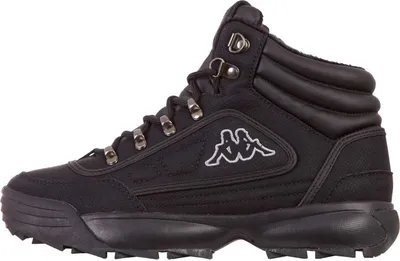 A side view of a black high-top sneaker.