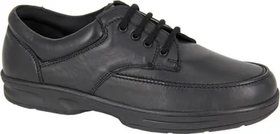 A single black leather shoe on a white background.