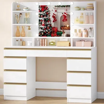 Image de Table de coiffeuse avec miroir et éclairage LED réglable - 9 tiroirs - Design moderne - Or