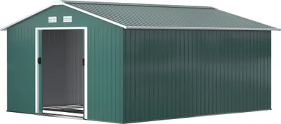 Produktbild von Geräteschuppen, Wetterfestes Gartenhaus für Gartengeräte, mit Belüftungsfenstern, Schiebetüren, Stahl, Dunkelgrün
