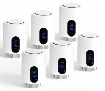 Obrázek produktu pro Vigevee Chytrý termostat pro radiátory, WiFi, ovládání přes aplikaci, kompatibilní s platformami Smart Life/Tuya, 7 adaptérů, bílý, balení 6 kusů