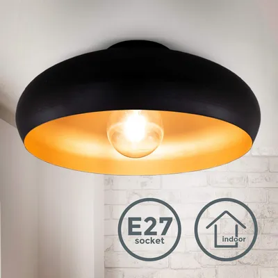 Immagine prodotto di Plafoniera vintage industriale, diametro 39.5cm, adatta per 1 lampadina E27 non inclusa, Lampada da soffitto elegante per salotto, Lampadario in metallo nero esterno e oro interno, IP20