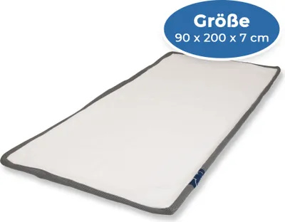 A white mattress topper with a gray border is shown lying flat on a white background.