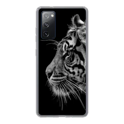 A close-up profile view of a tiger's face on a black background, displayed on a phone case.