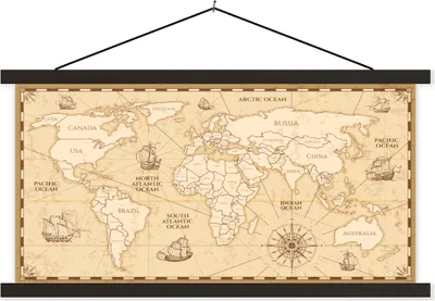 Produktbild von MuchoWow® Textilposter Weltkarte - Vintage - Boot - Windrose 150x75 cm mit schwarzem Rahmen - Posterleiste