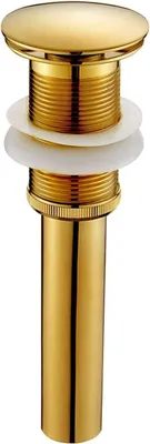 A close-up studio shot of a gold-colored sink drain assembly.