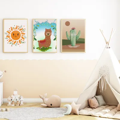 Produktbild von Sonne Lama Alpaka Kaktus Bilder 3er Set DIN A4 Kinderzimmer Wandbilder Babyzimmer Poster Dekoration