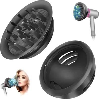 A collage of images showing a hair dryer diffuser attachment, a close-up of the attachment, and a woman using the attachment.