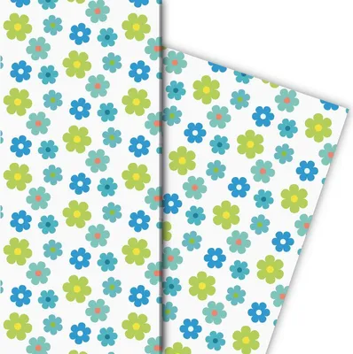 Produktbild von 70er Jahre Blüten Geschenkpapier im Retro Design, blau - G8139, 32 x 48cm