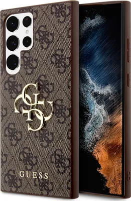 A brown Guess phone case with a gold logo and the word GUESS on it, shown next to a smartphone.