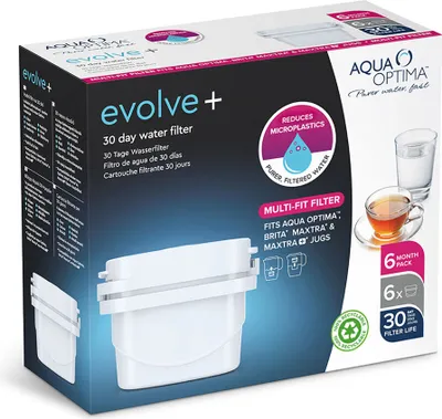 The image shows the front packaging of an Aqua Optima Evolve+ 30-day water filter. The packaging features an illustration of the filter, a glass of water, and a cup of tea. It also displays product information and branding.