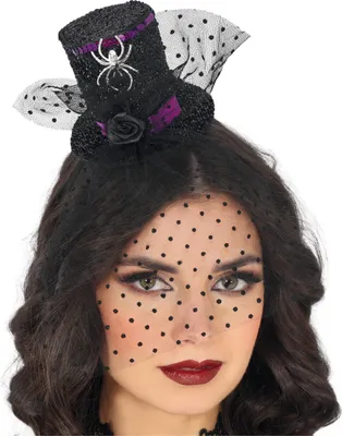 Produktbild von Halloween Minihut Haarreif Mit Schleier Dunkelromantischer Kopfschmuck Spinnenmotiv Zylinder Fantasie Accessoire Gruselige Atmosphäre Geheimnisvolle Eleganz, Farbe: Schwarz